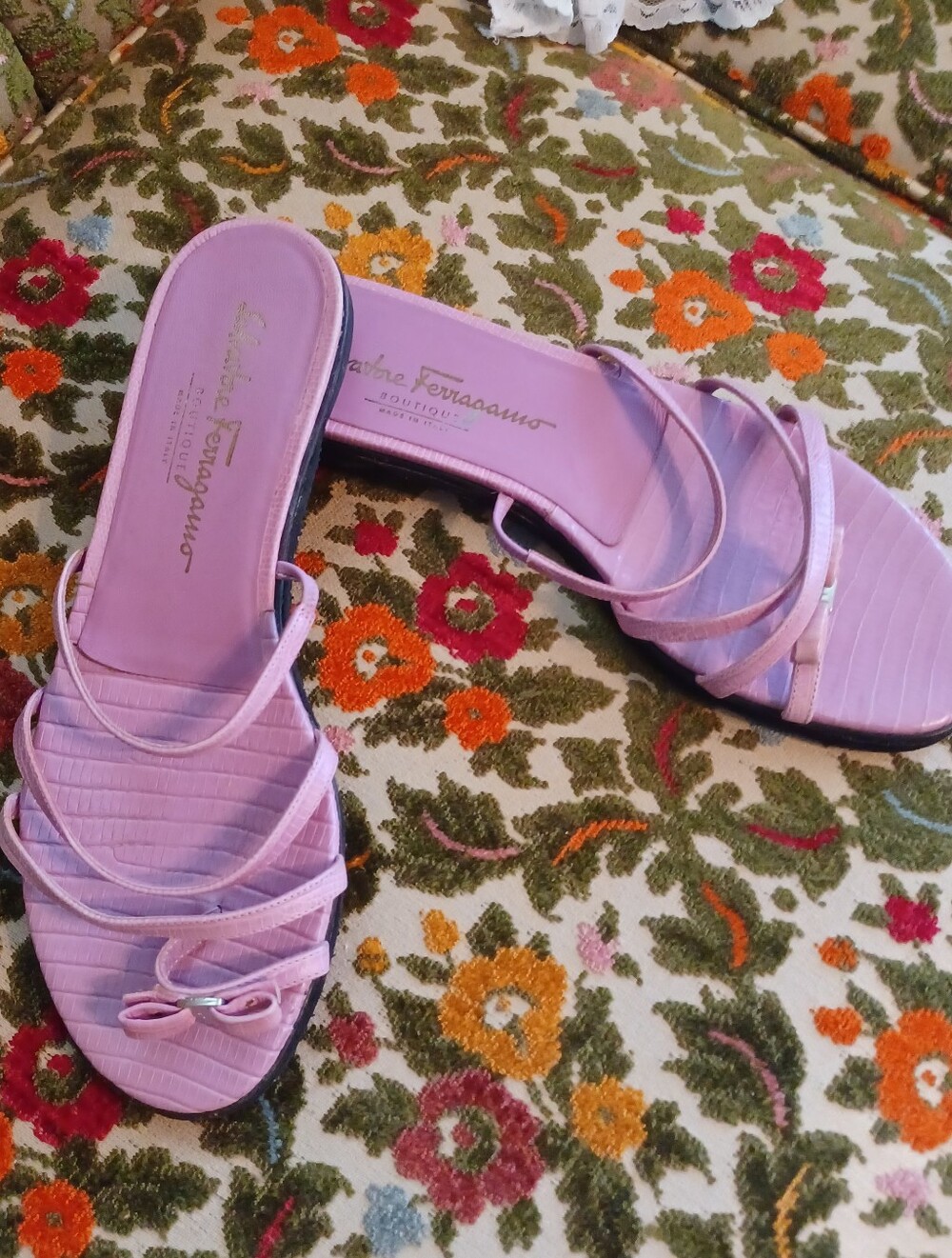 Salvatore Ferragamo Lilac Purple Croc Print Bow Sandals